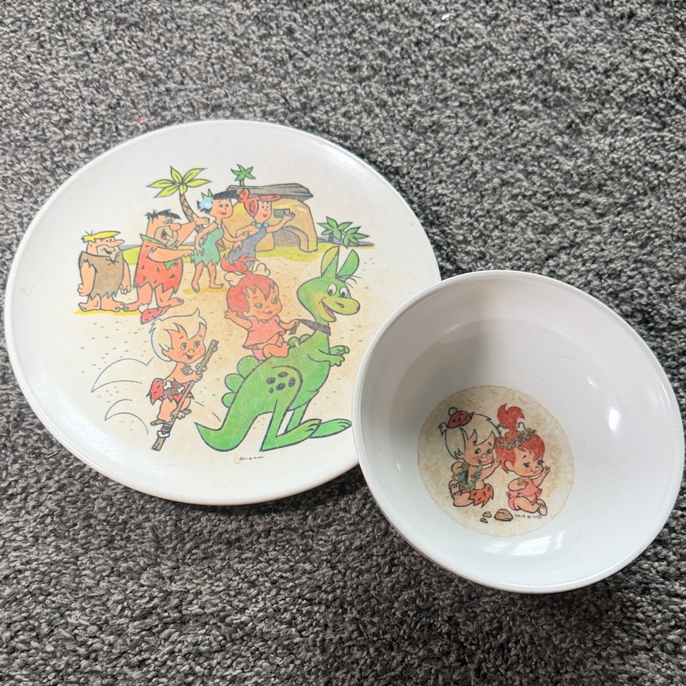 Vintage Hanna-Barbera Flintstones Kids Melamine Plate & Bowl - Melmac